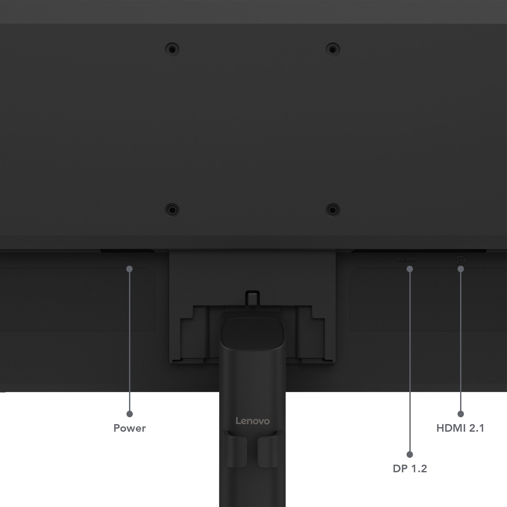Siyah bir Lenovo monitörün arkası, güç, HDMI 2.1 ve DP 1.2 bağlantı noktalarını gösteriyor. Lenovo logosuyla stand görülebilir.