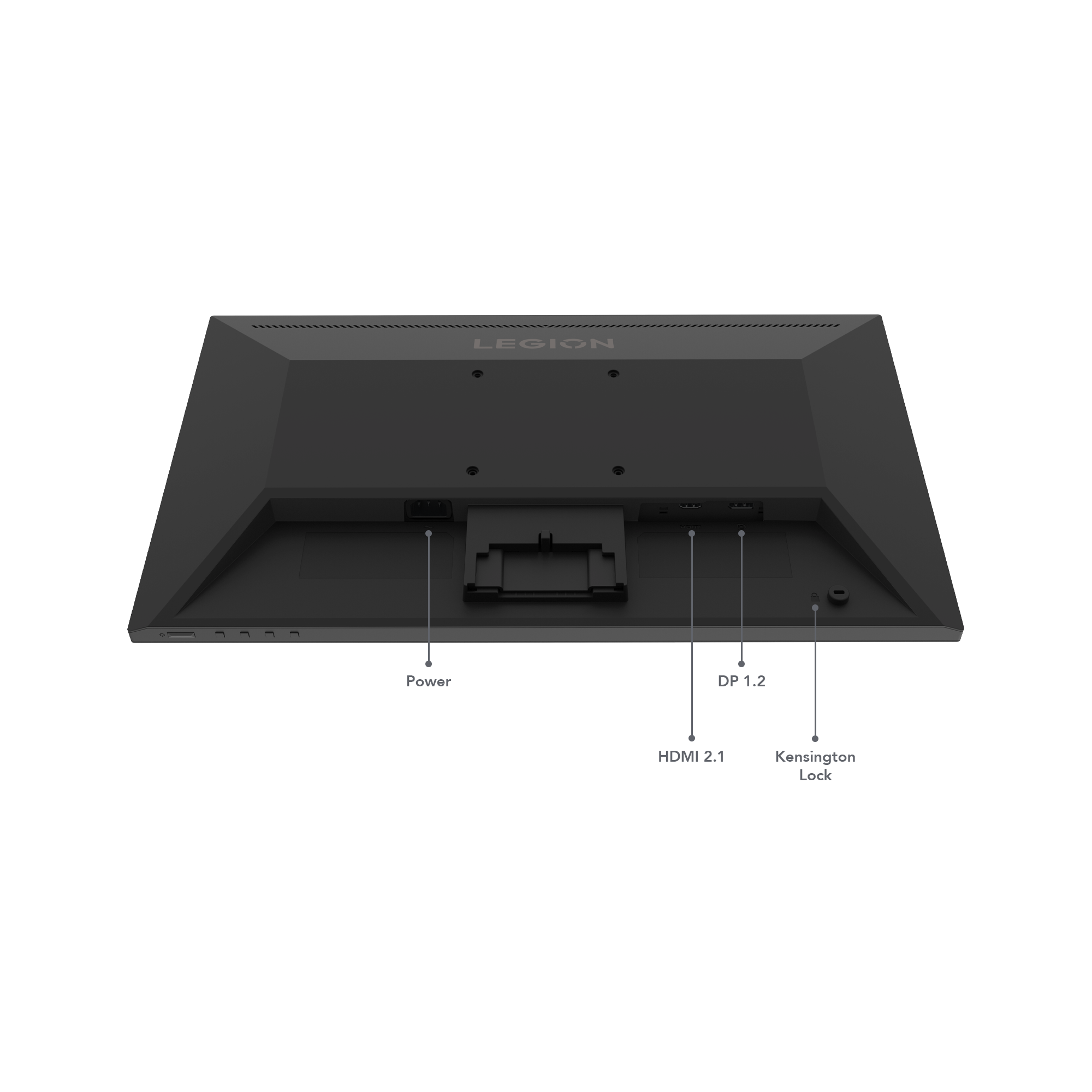 Siyah bir Legion monitörünün arkası. Bağlantı noktaları: güç, HDMI 2.1, DP 1.2 ve Kensington Lock.