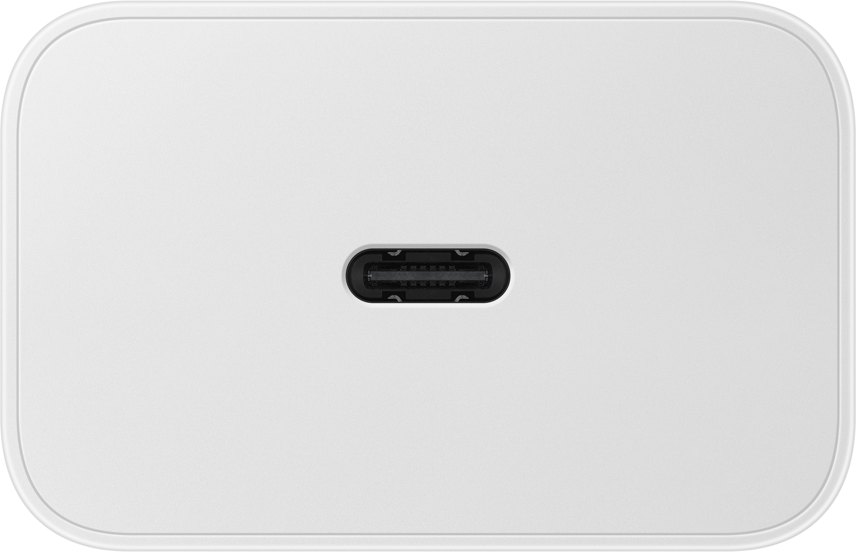 Un caricatore rettangolare bianco con bordi arrotondati. Una porta USB-C nera è centrata sulla superficie.