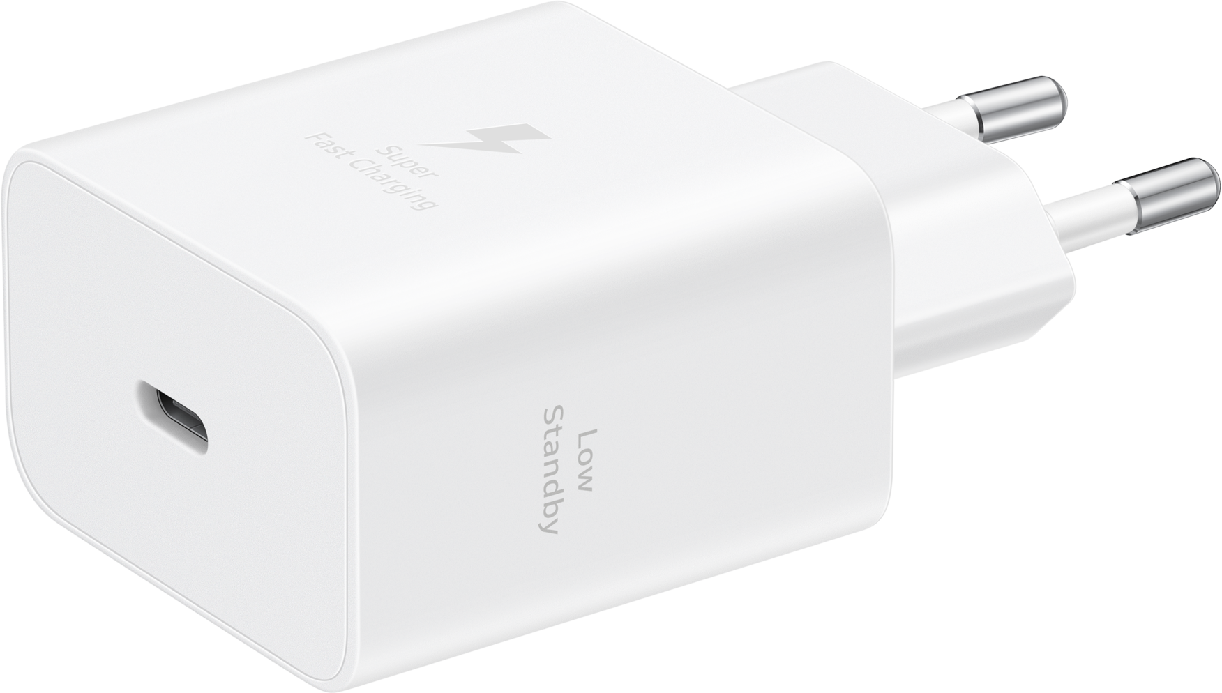Un caricatore Samsung bianco con porta USB-C e spina europea. Ha la scritta 'Super Fast Charging' e 'Low Standby'.