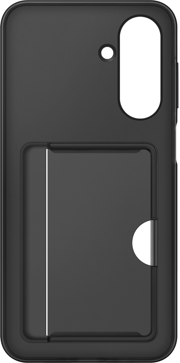 Una custodia nera per telefono con fessura per carte e ritaglio per fotocamera. La custodia ha una superficie liscia e un design arrotondato.
