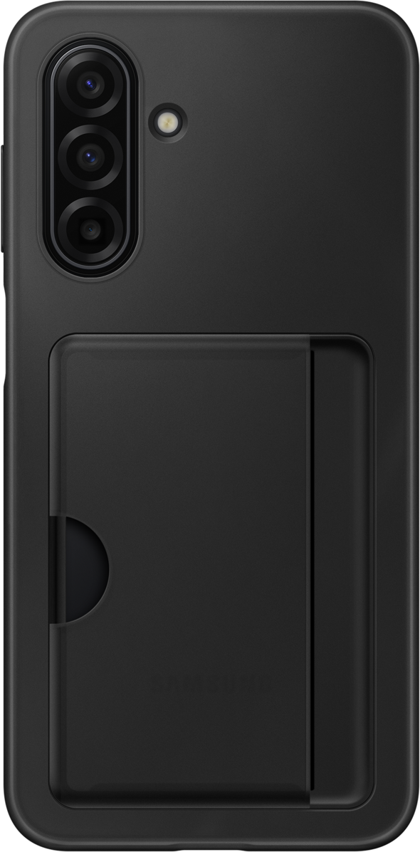 Custodia nera per telefono con tripla fotocamera. Ha uno slot per schede. La custodia è per un telefono Samsung.