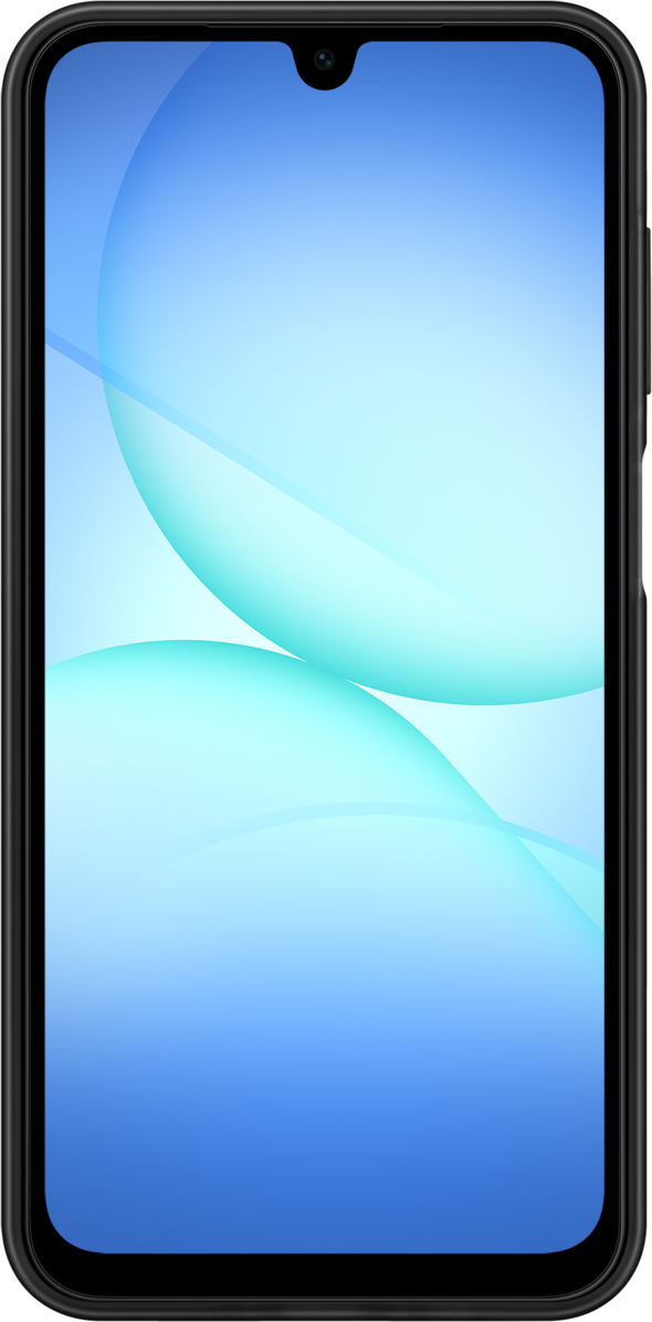 Uno smartphone con cornice nera mostra una sfumatura blu con forme curve bianche e blu. Fotocamera frontale visibile.