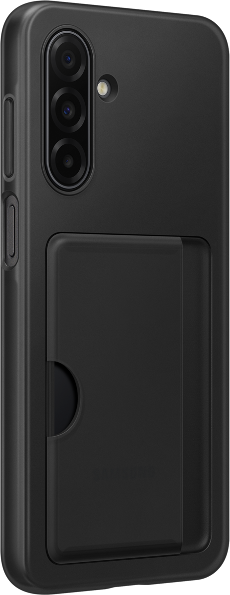 Una custodia nera per telefono con porta carte. La custodia ha fori per la fotocamera e un pulsante laterale.