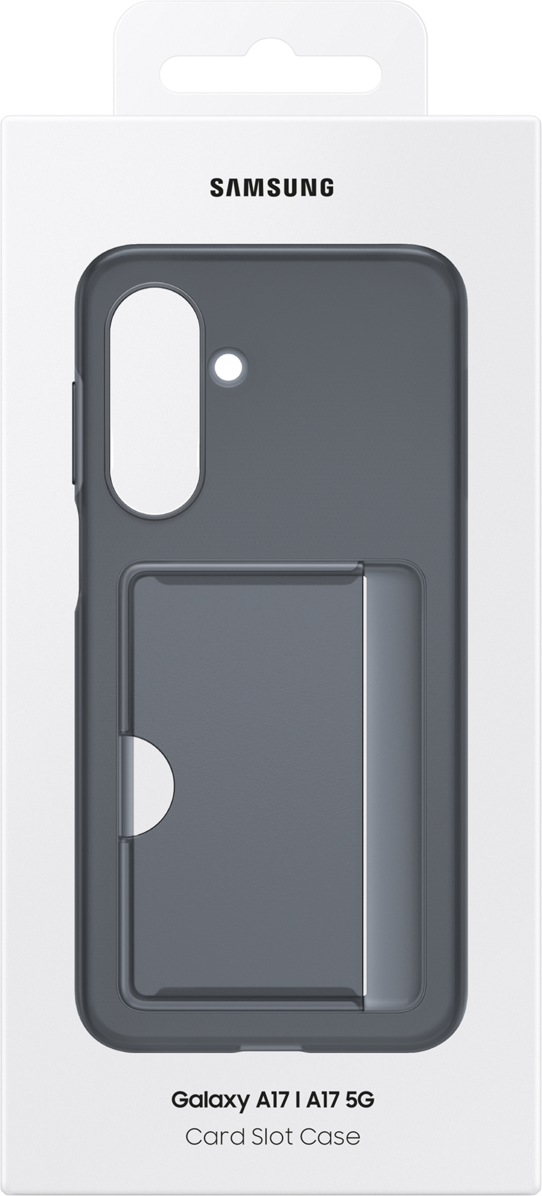 Una custodia per telefono grigio scuro con slot per schede, logo Samsung e nome del modello Galaxy A17 | A17 5G. La custodia è in una scatola bianca.