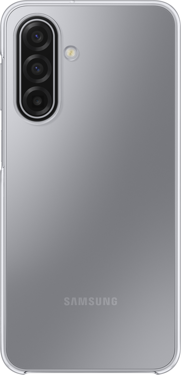 Retro del telefono Samsung grigio. Ha tre fotocamere e un flash. Il logo Samsung è in basso.