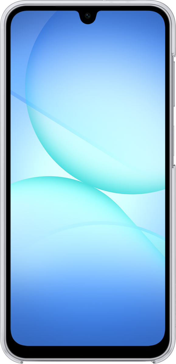 Schermo di smartphone con forme astratte blu e verde acqua. Il telefono è in una custodia trasparente.