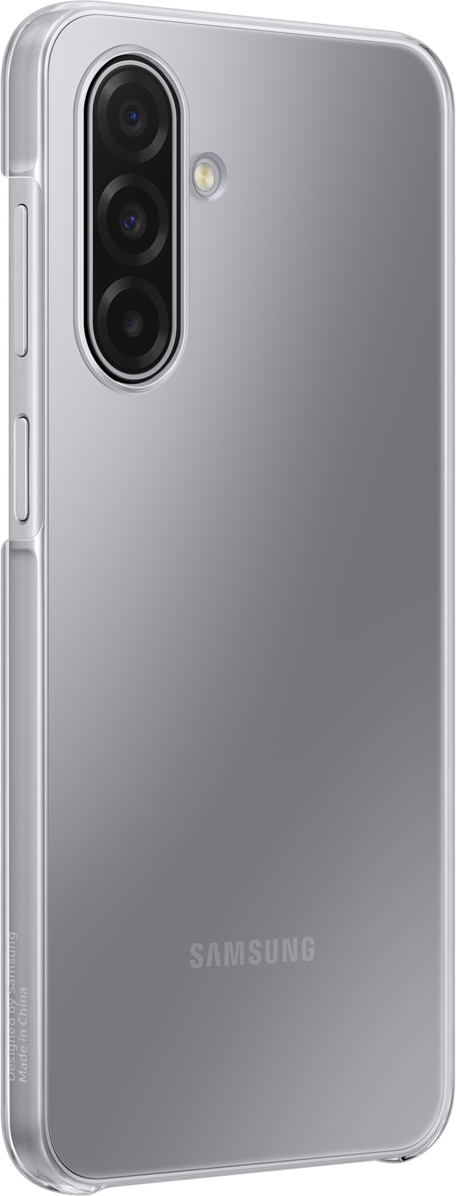 Uno smartphone grigio con custodia trasparente. Ha tre fotocamere verticali e un logo Samsung.