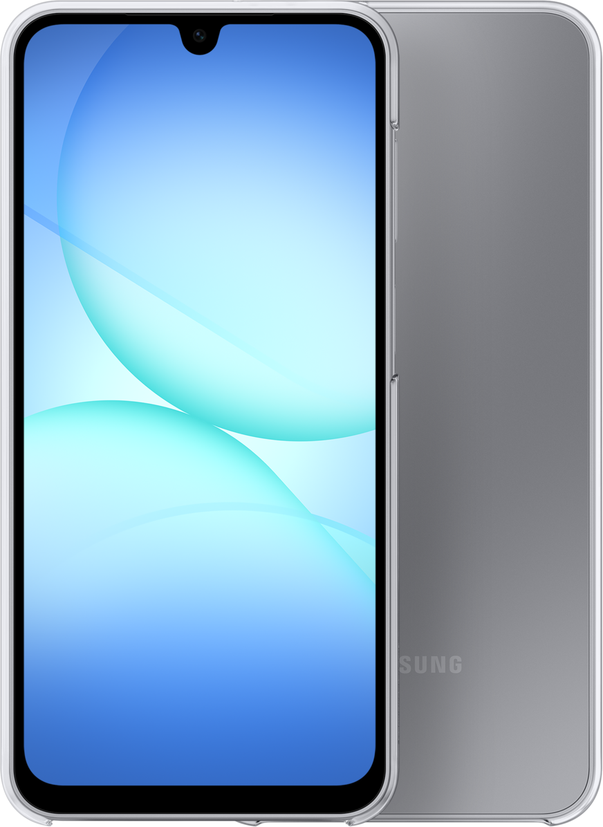 Uno smartphone Samsung in una custodia trasparente. Lo schermo mostra una sfumatura blu e bianca con linee curve.