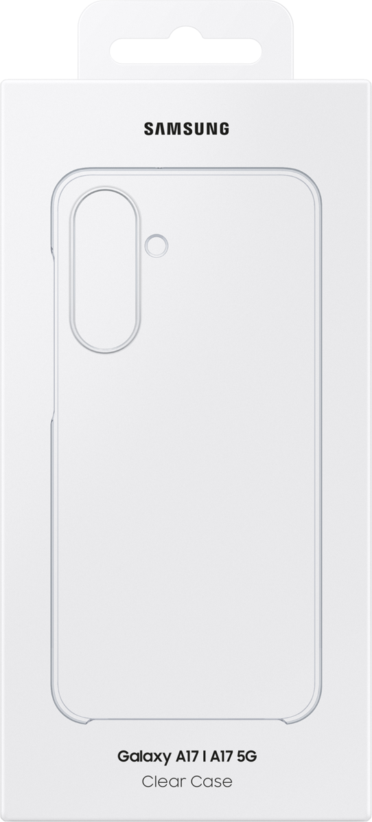 Scatola bianca con logo Samsung e contorno di custodia trasparente. Testo in basso: Galaxy A17/A17 5G.