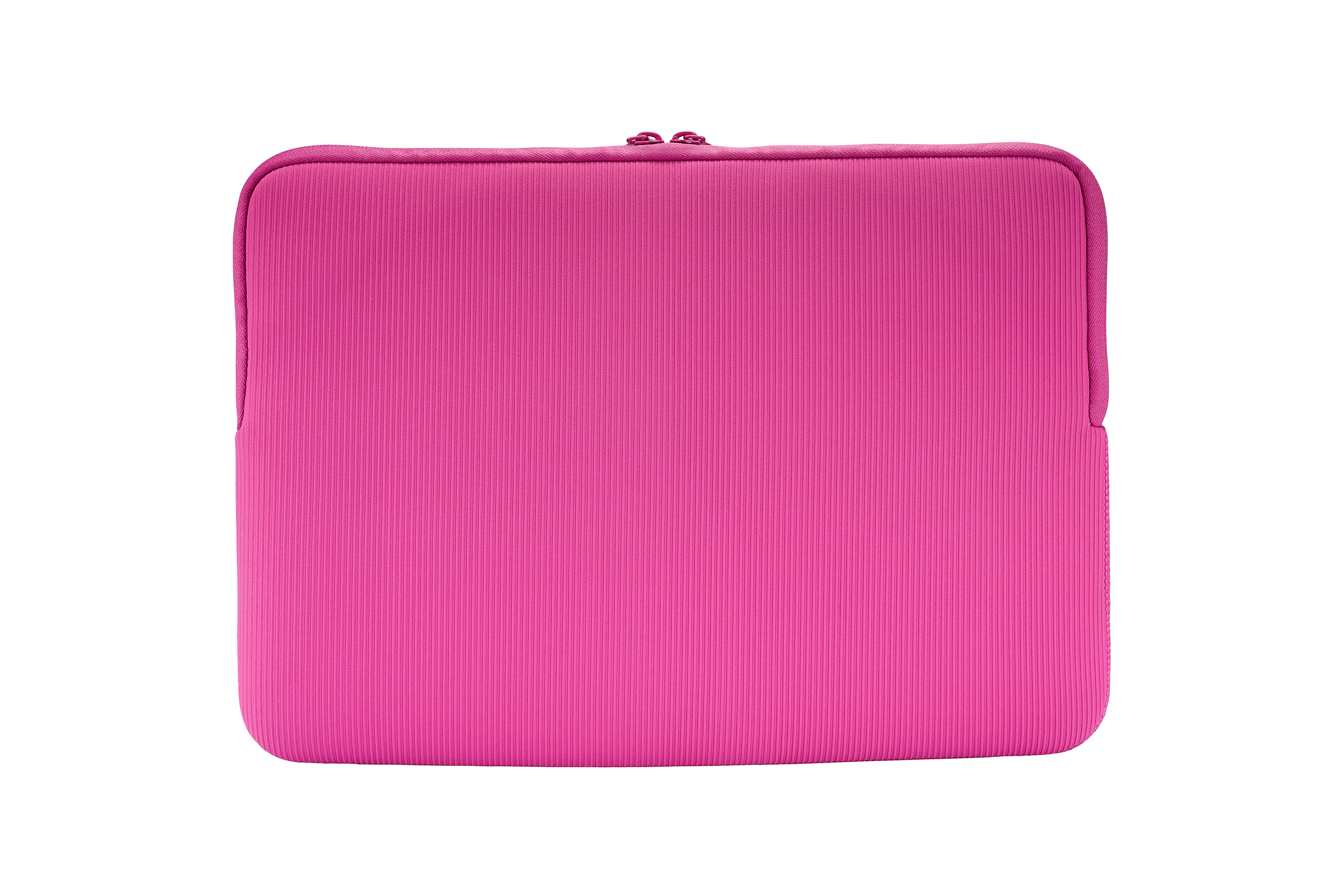 Eine pinkfarbene Laptoptasche. Sie ist rechteckig mit abgerundeten Ecken und einem Reißverschluss. Der Hintergrund ist weiß.