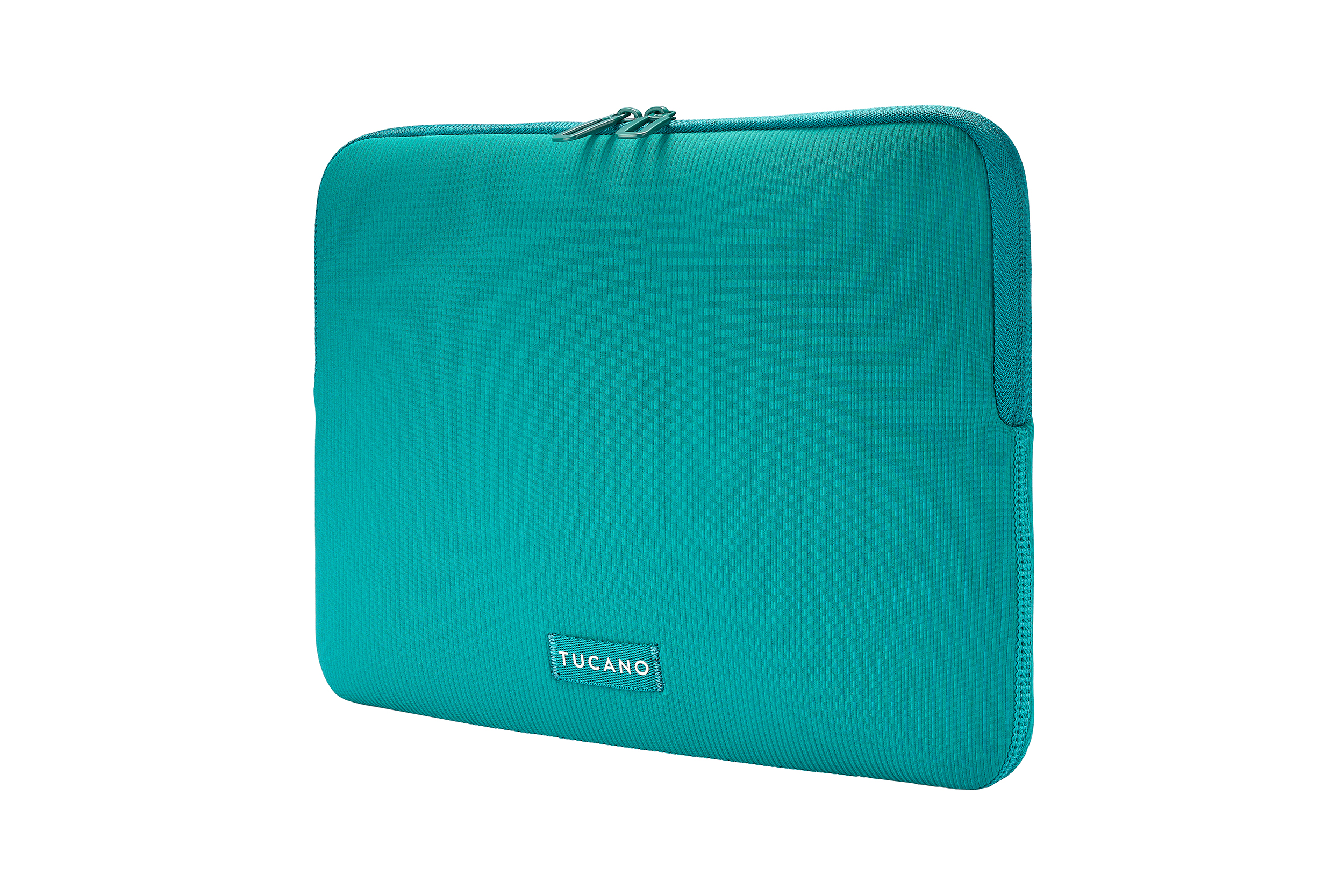 Türkisfarbene Laptoptasche mit Reißverschluss und 'Tucano'-Logo. Rechteckig, strukturierte Oberfläche. Der Hintergrund ist weiß.
