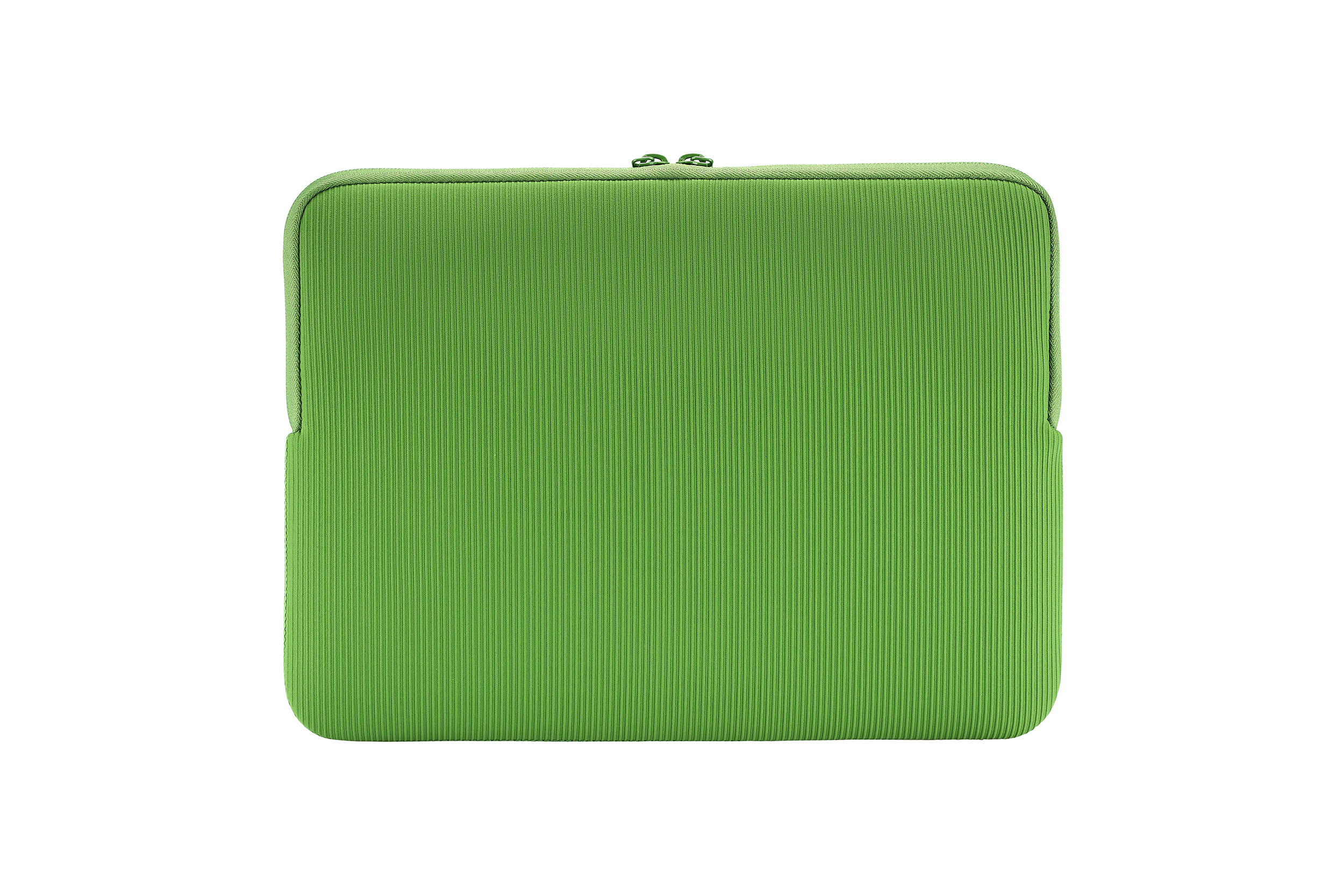 Eine grüne Laptoptasche auf weißem Hintergrund. Sie ist rechteckig mit Reißverschluss und Rippenstruktur.