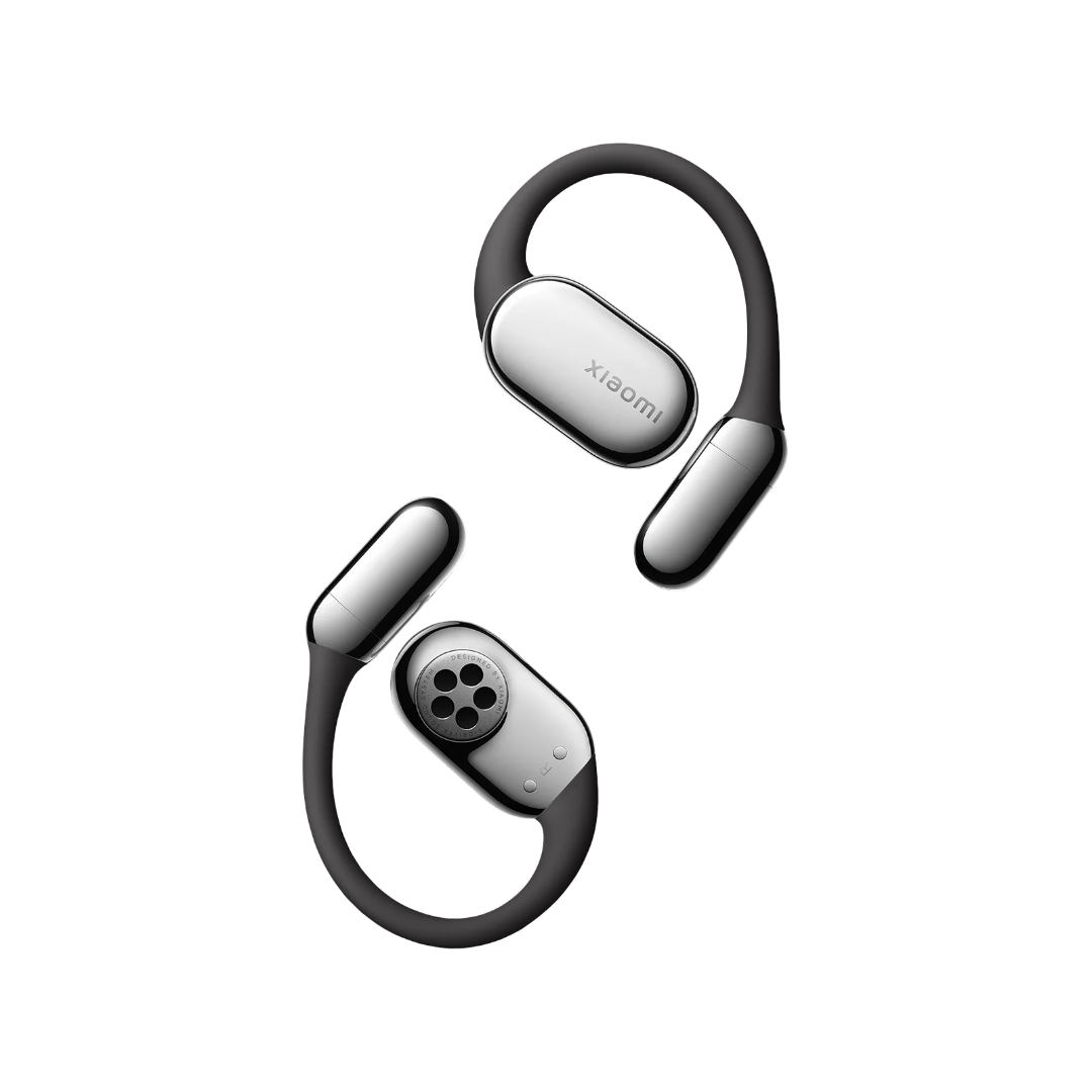 Dos auriculares Xiaomi plateados y negros con diseño de banda para el cuello sobre un fondo negro, ligeramente angulados.