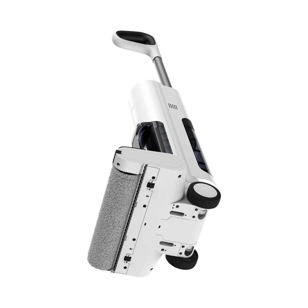 Un robot de limpieza de pisos blanco y gris. Tiene un mango y un cabezal de limpieza con una almohadilla gris. El fondo es negro.