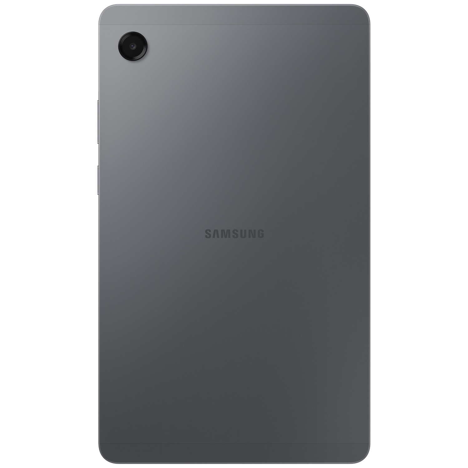 Dos de tablette Samsung gris. Un objectif de caméra est en haut à gauche. Le logo Samsung est au milieu. Boutons de volume à gauche.