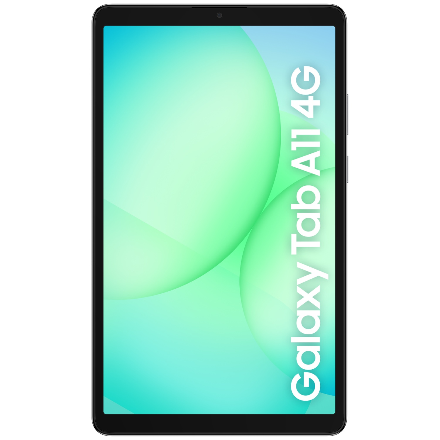 Une tablette noire Samsung Galaxy Tab A11 4G. L'écran affiche un dégradé de vert et de bleu, avec les mots Galaxy Tab A11 4G.