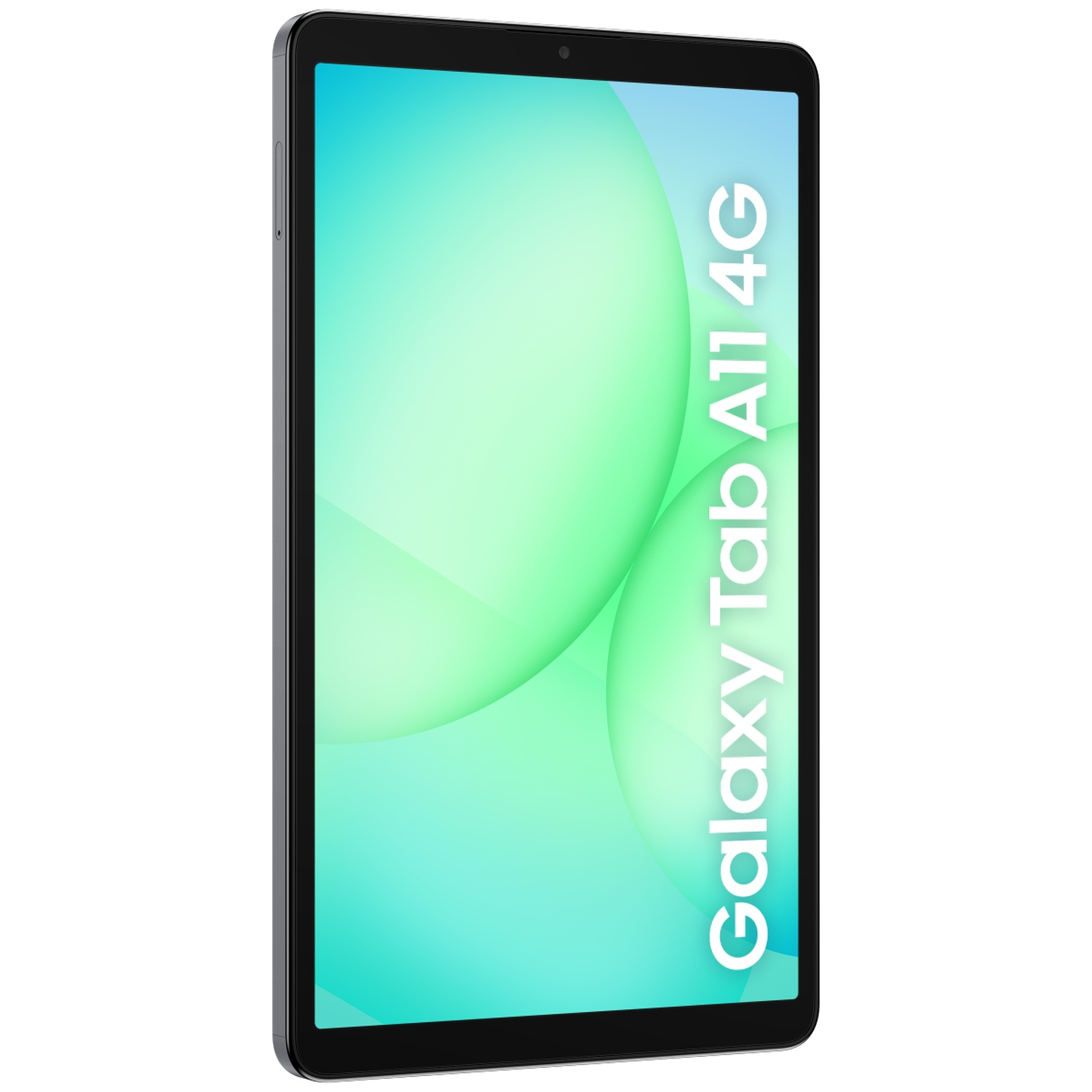 Une tablette noire Samsung Galaxy Tab A11 4G avec un écran dégradé turquoise. Le texte 'Galaxy Tab A11 4G' est visible.