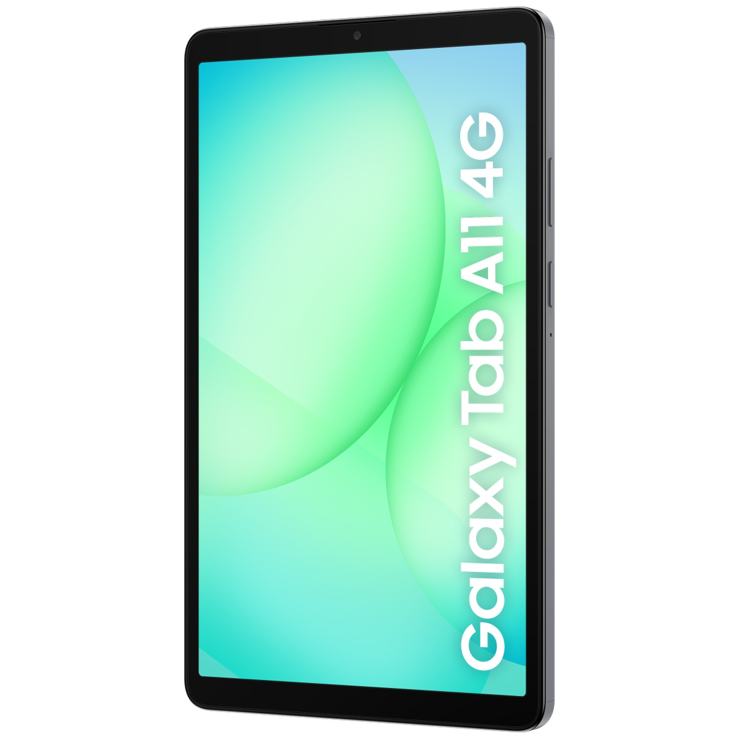 Une tablette noire Samsung Galaxy Tab A11 4G avec un écran vert et bleu dégradé. La tablette est légèrement inclinée.