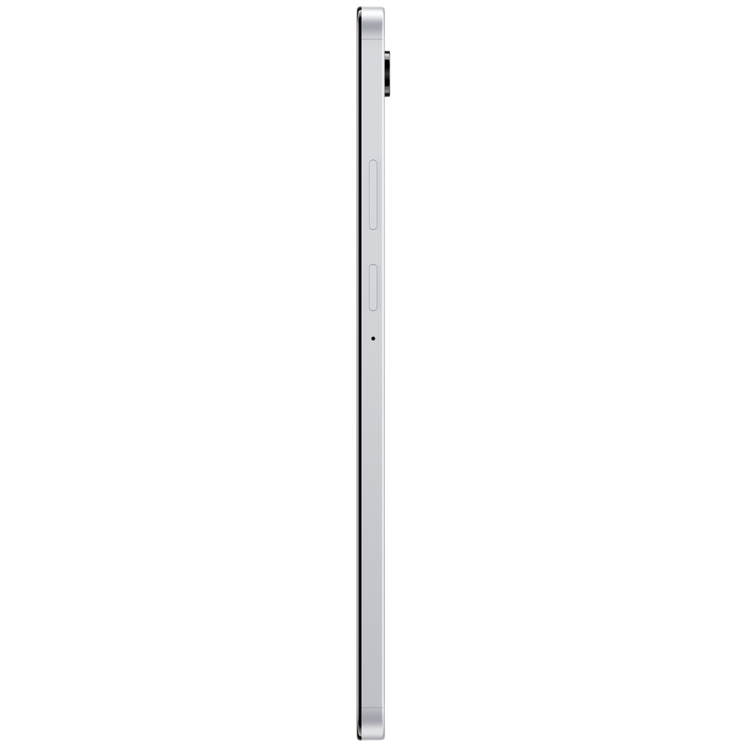 A silver tablet's side view. It has a camera and buttons on the side. The background is plain white.