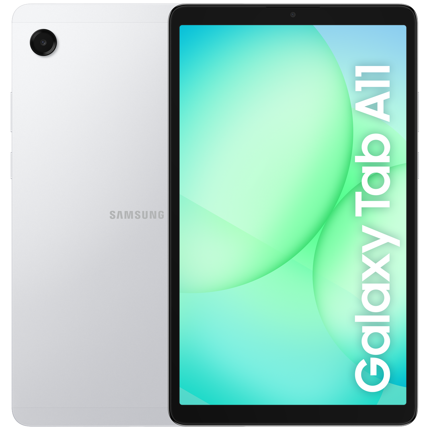 Een witte Samsung Galaxy Tab A11 tablet. Het toont de achterkant en het scherm met een groene en blauwe achtergrond.