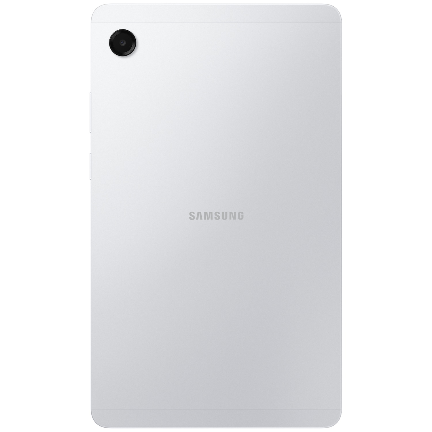 Achterkant van een witte Samsung-tablet. Cameralens linksboven. Samsung-logo in het midden. De tablet is zilver.