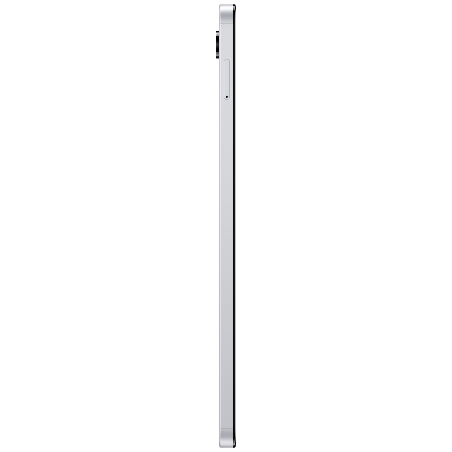 Zijaanzicht van een zilveren tablet. De tablet is dun en rechthoekig, met een camera en knoppen.