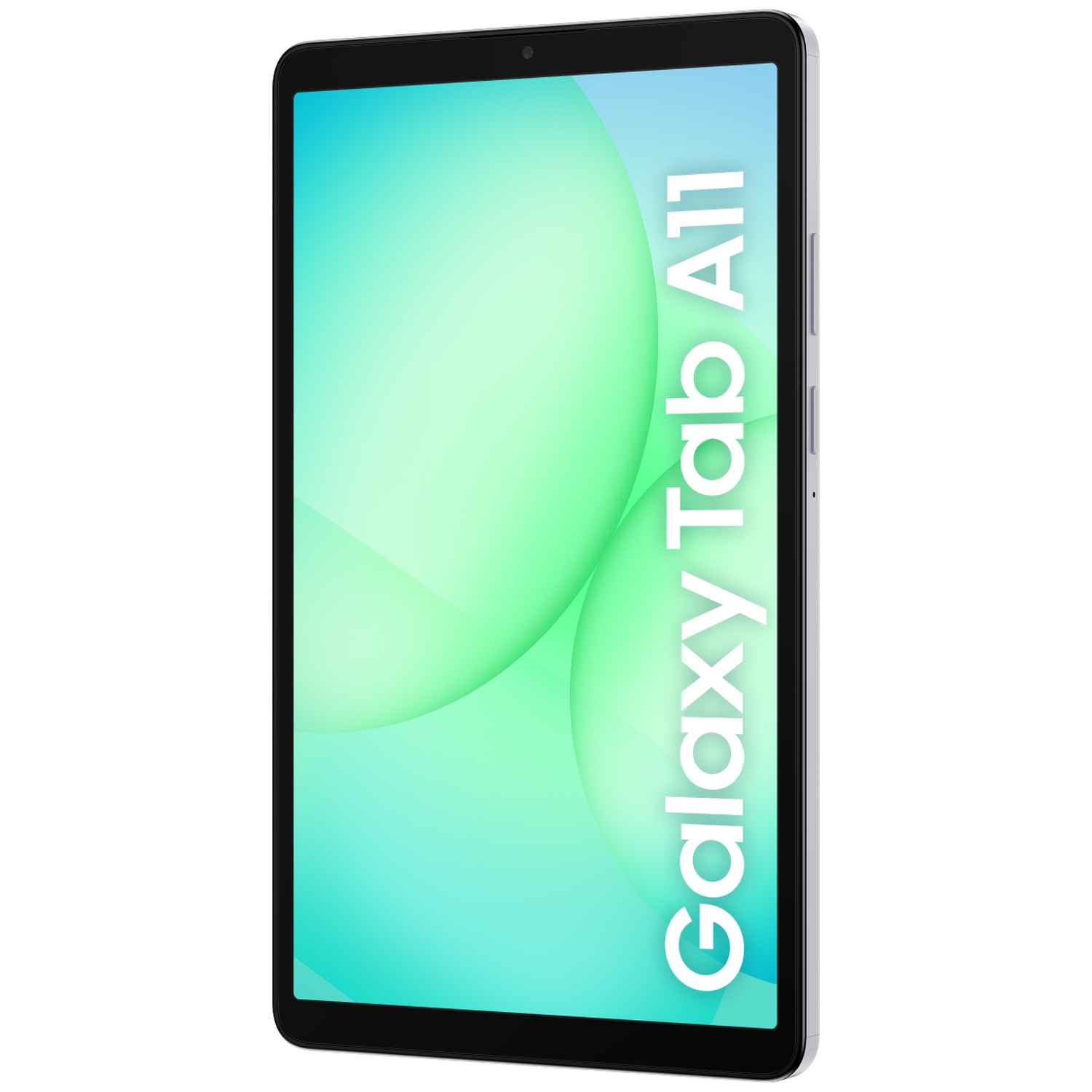 Een Samsung Galaxy Tab A11 tablet. Het scherm toont groene en blauwe verlopen. De tablet is zilverkleurig met zwarte randen.