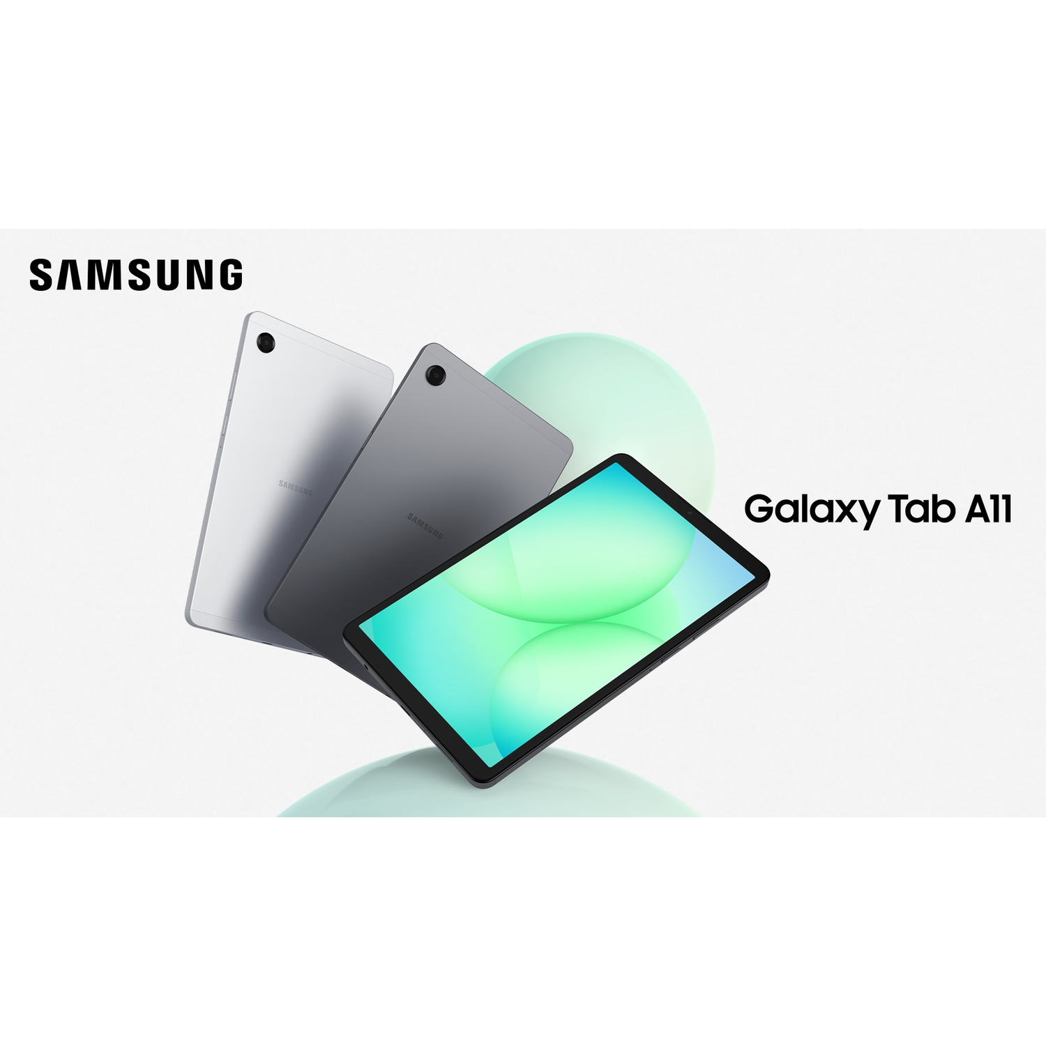 Drie Samsung Galaxy Tab A11 tablets op een witte achtergrond. De tablets zijn lichtgrijs, donkergrijs en zwart.