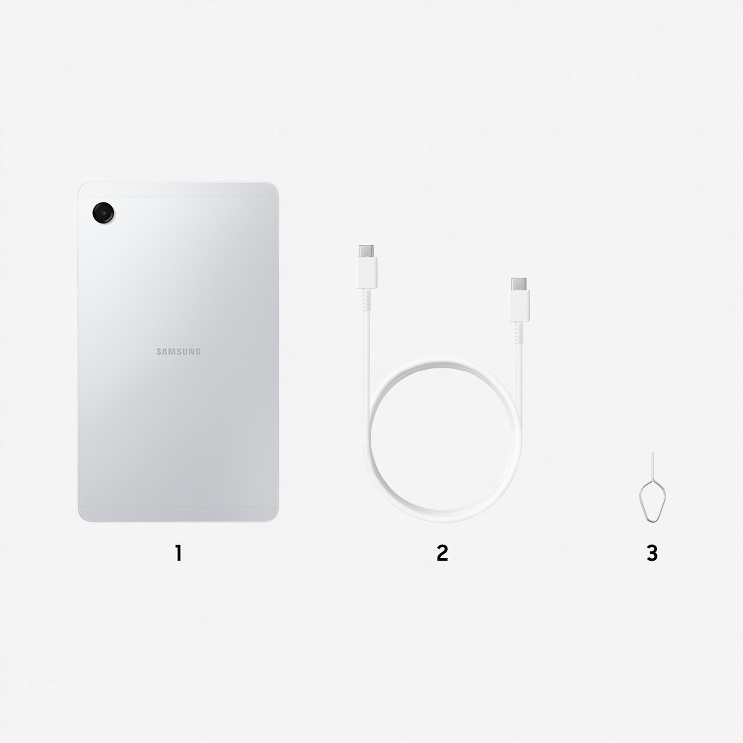 Witte tablet, kabel en sim-uitwerper op een witte achtergrond. De tablet is voorzien van het label Samsung. Genummerd 1, 2 en 3.