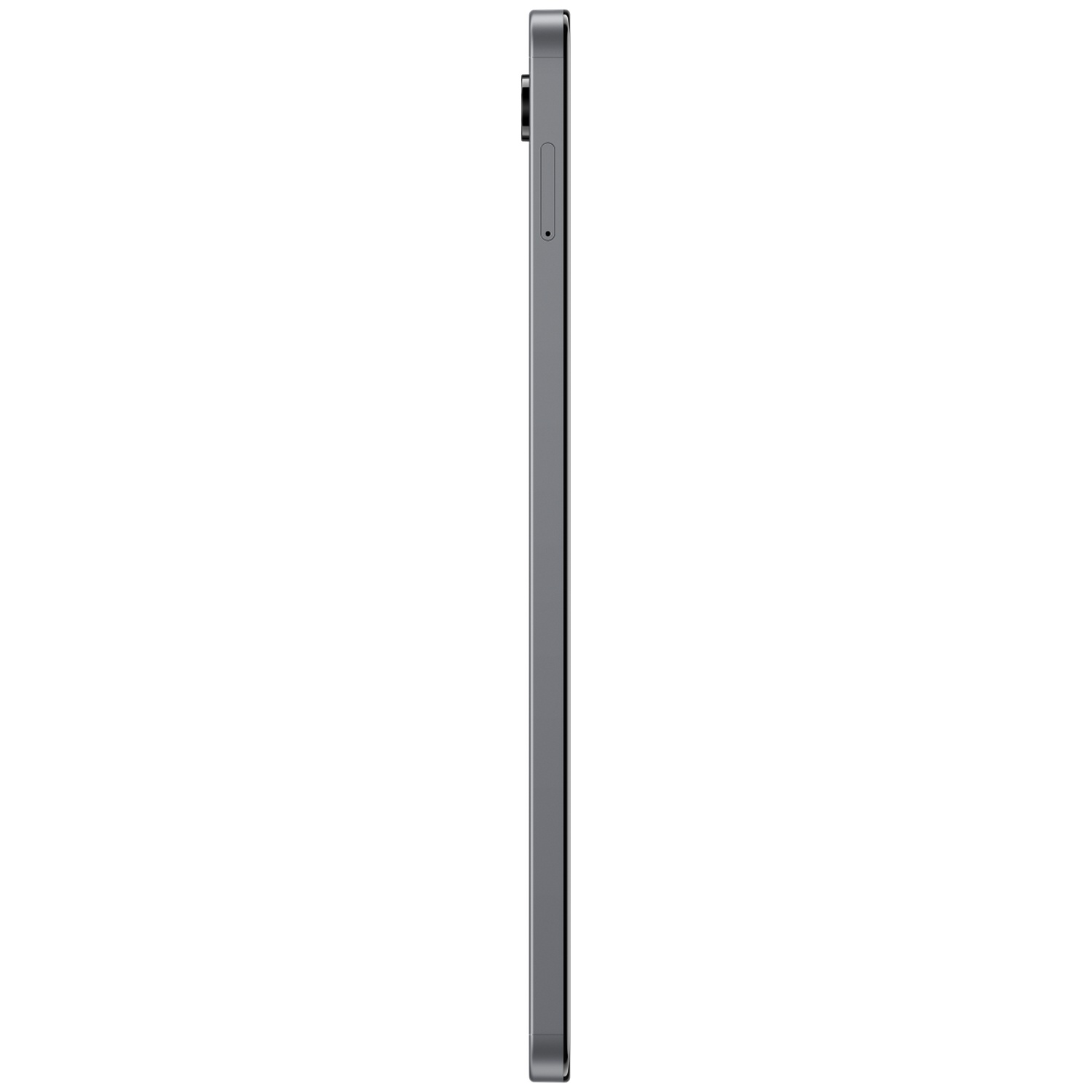 A side view of a dark gray tablet. The tablet is standing vertically against a white background. The camera and SIM slot are visible.