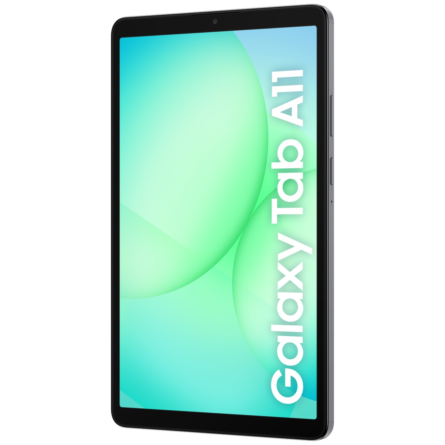 A Samsung Galaxy Tab A11 tablet. The screen displays a gradient of green and blue. The tablet is black, with the name on its side.