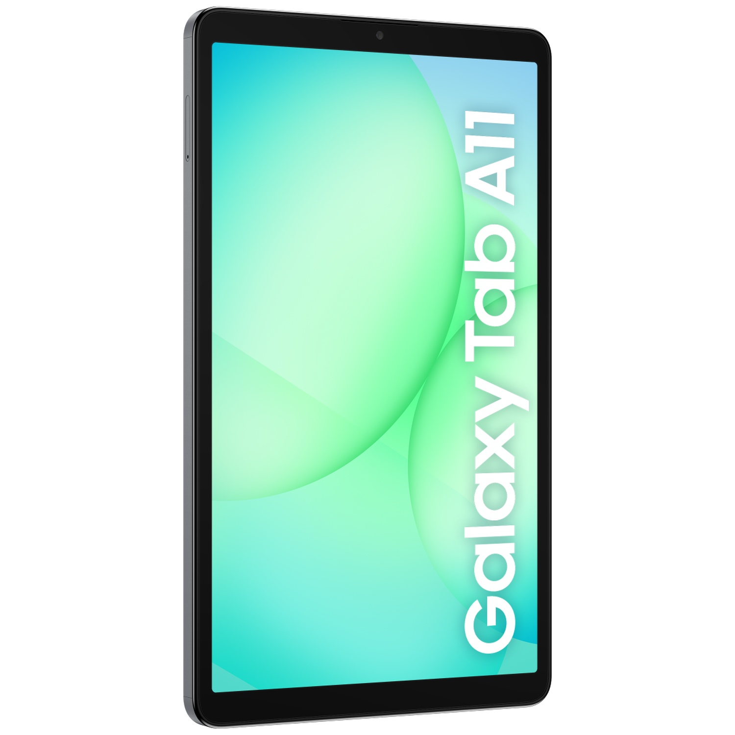 A Samsung Galaxy Tab A11 tablet. The screen displays green and blue gradients, with the words 'Galaxy Tab A11' on the side.