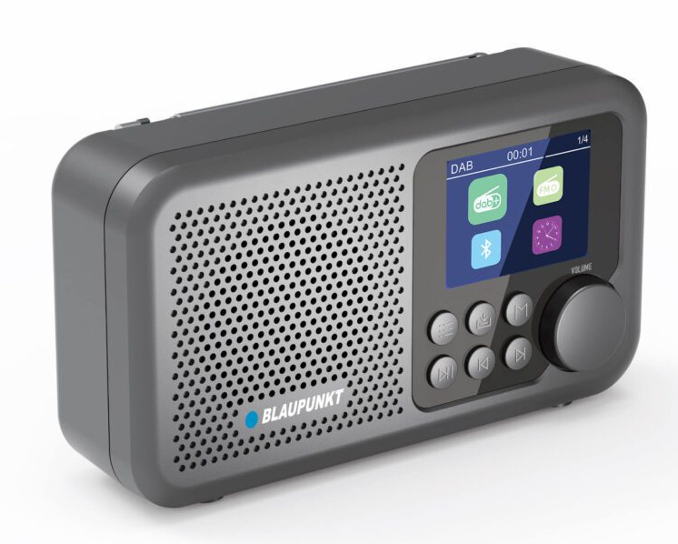 Szare radio Blaupunkt z ekranem wyświetlającym ikony DAB, FM i Bluetooth, a także pokrętło głośności i przyciski sterowania.