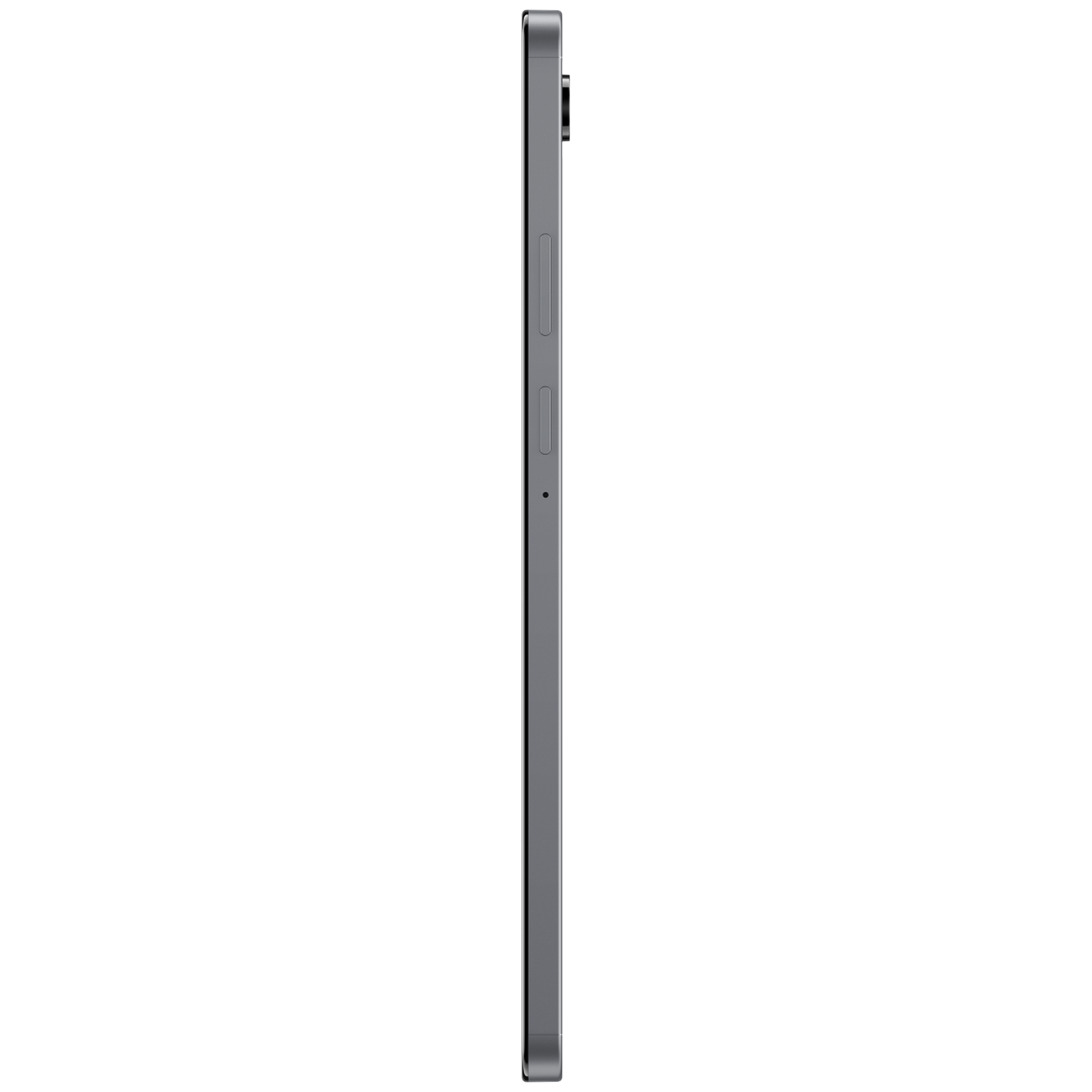 Side view of a dark gray tablet. Shows buttons and a camera lens. The device is thin and rectangular.