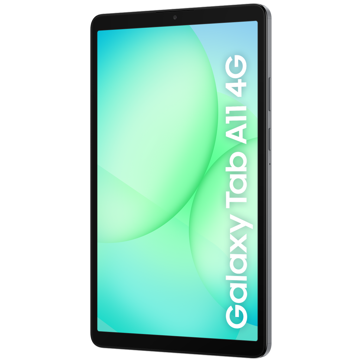A tablet with a black frame and a screen displaying a gradient of teal and green, labeled 'Galaxy Tab A11 4G'.