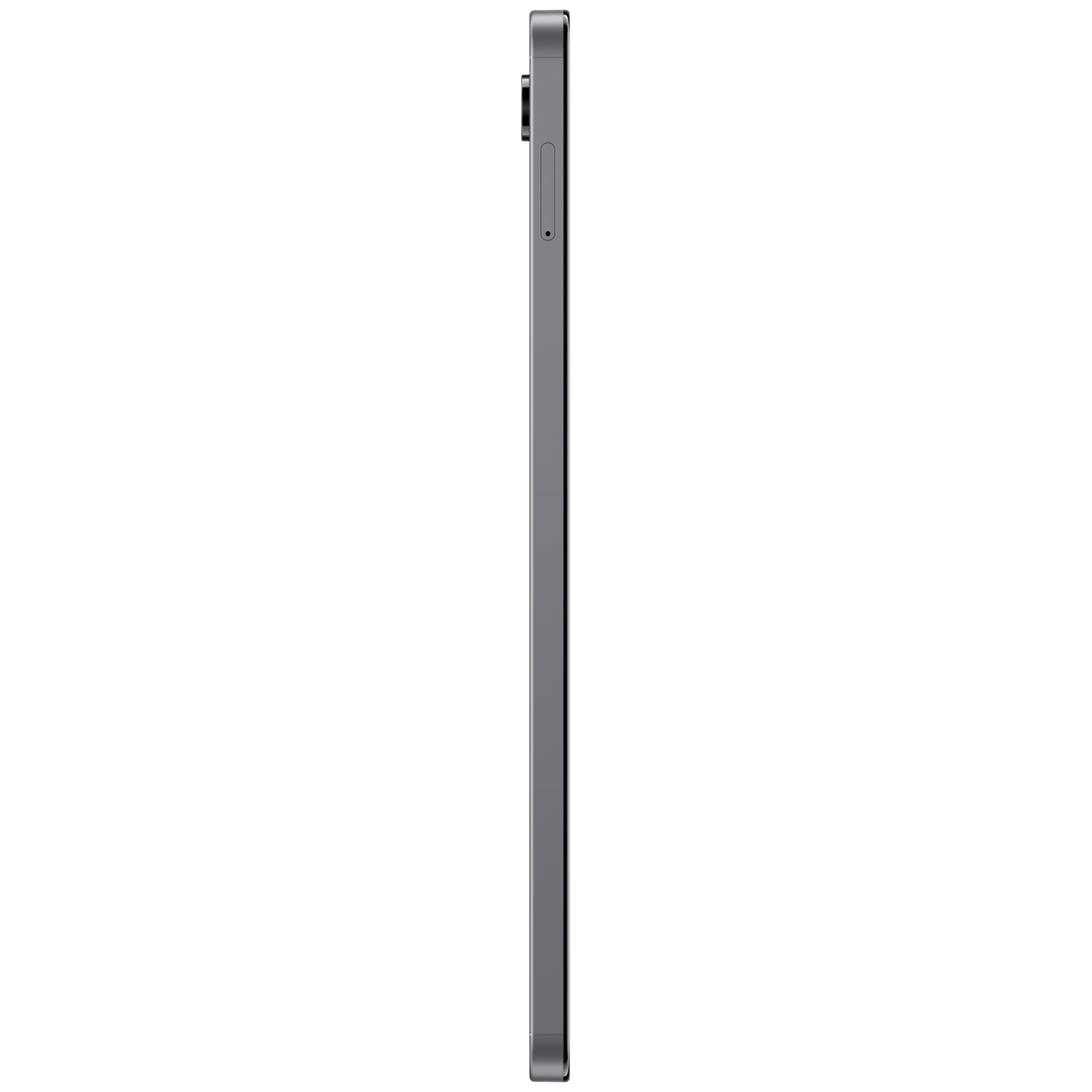 A dark gray tablet is shown from the side. The volume buttons and camera are visible on the side. The background is white.