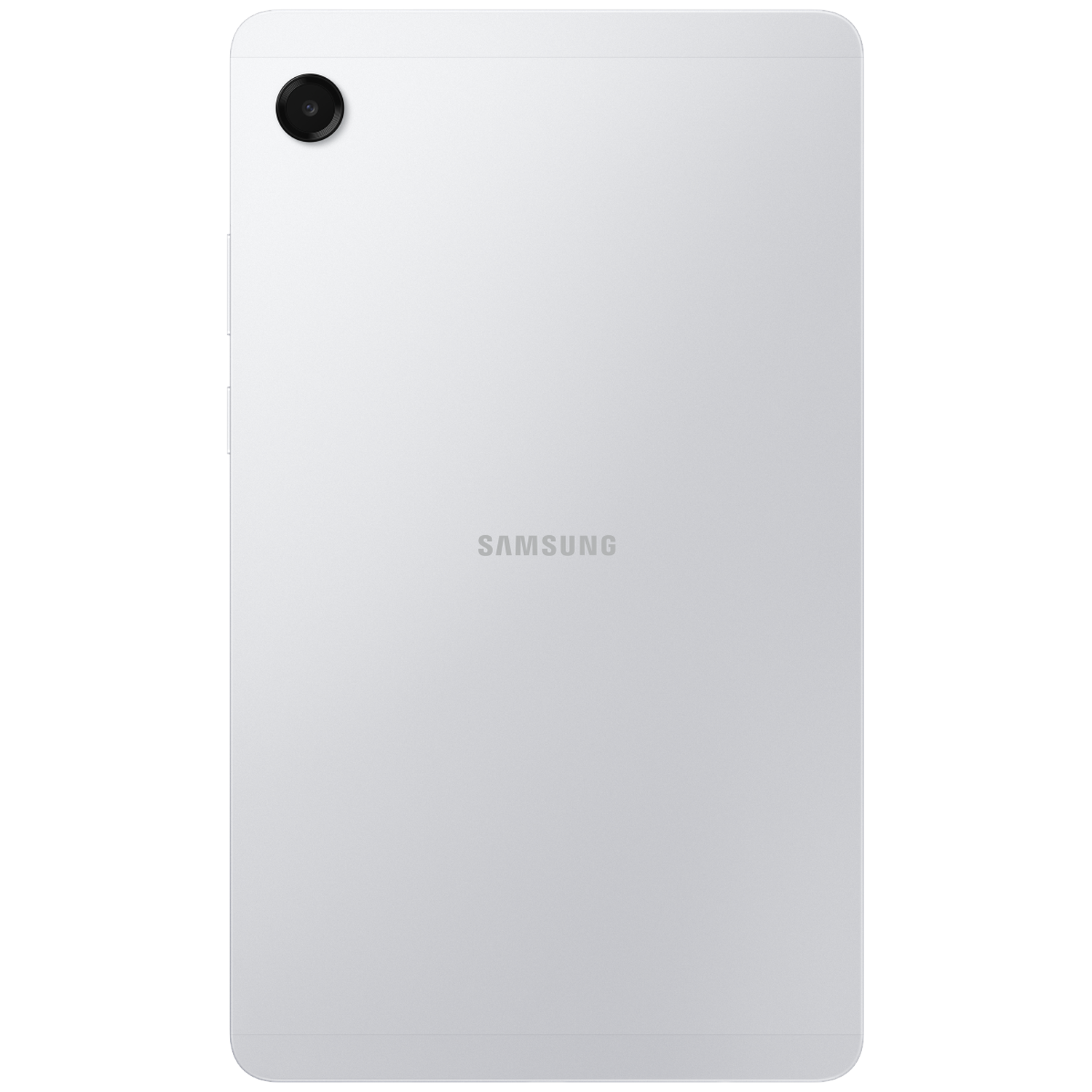 Back of a white Samsung tablet. Features a camera, buttons on the side, and the Samsung logo. Clean, minimalist design.