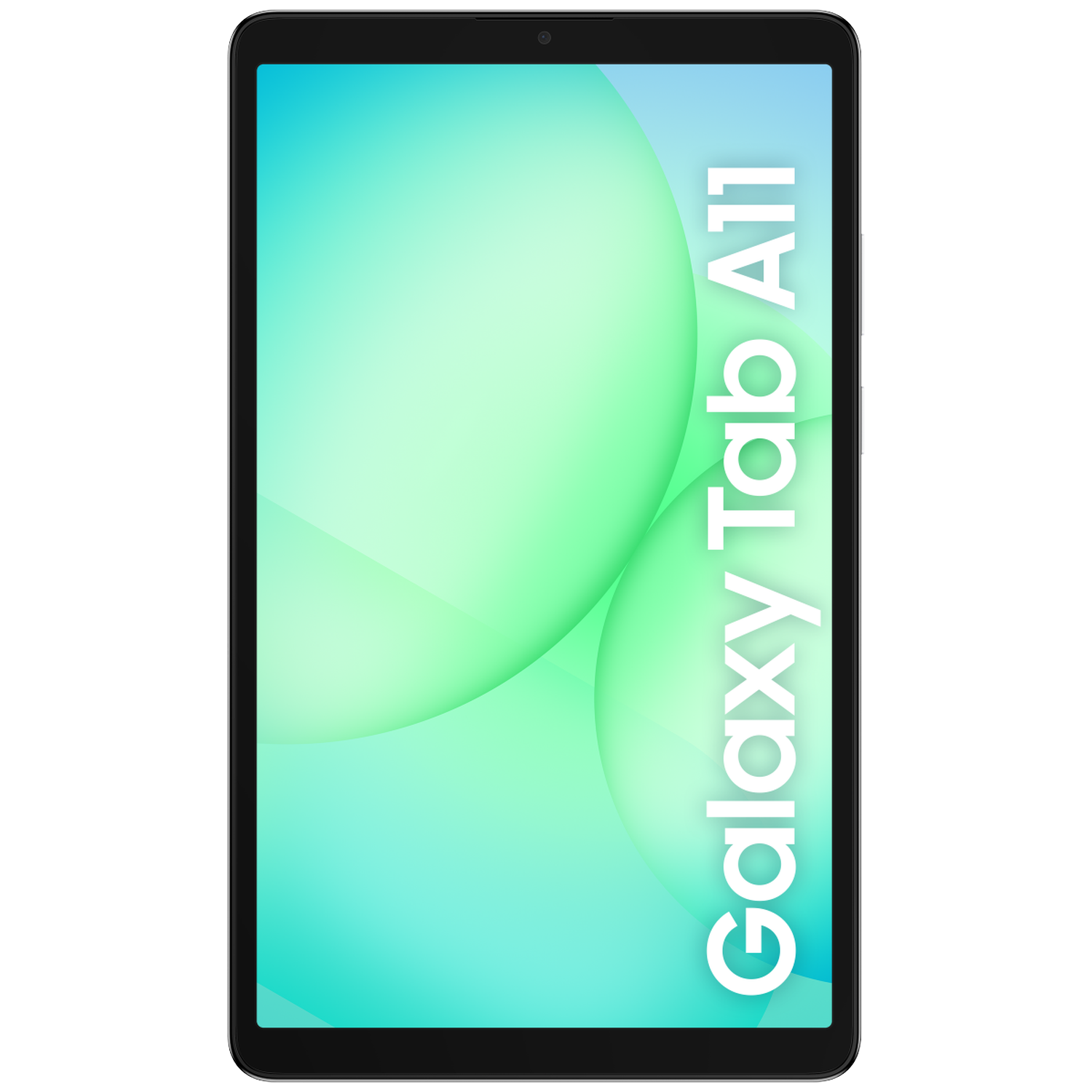 A black Samsung Galaxy Tab A11 tablet. The screen displays a gradient of green and blue with the text 'Galaxy Tab A11'.