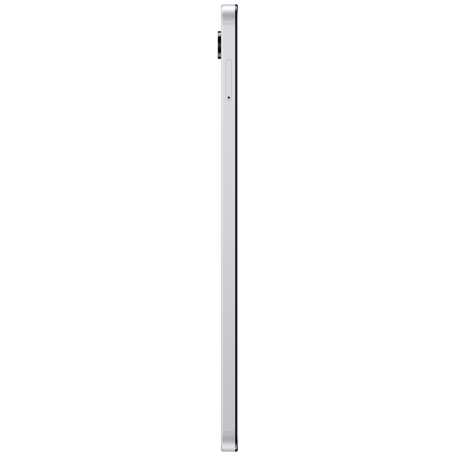 Side view of a silver tablet. The tablet is thin with a black border around the screen. The background is white.