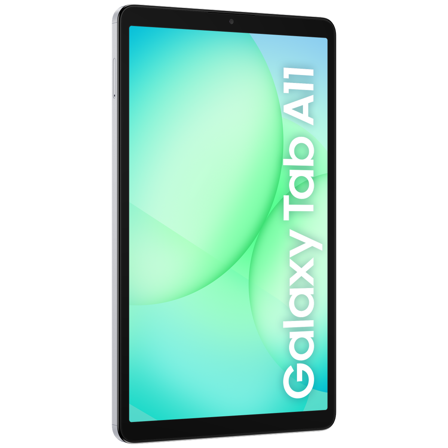 A Samsung Galaxy Tab A11 tablet on white background. The screen shows green and blue gradients with the name on it.
