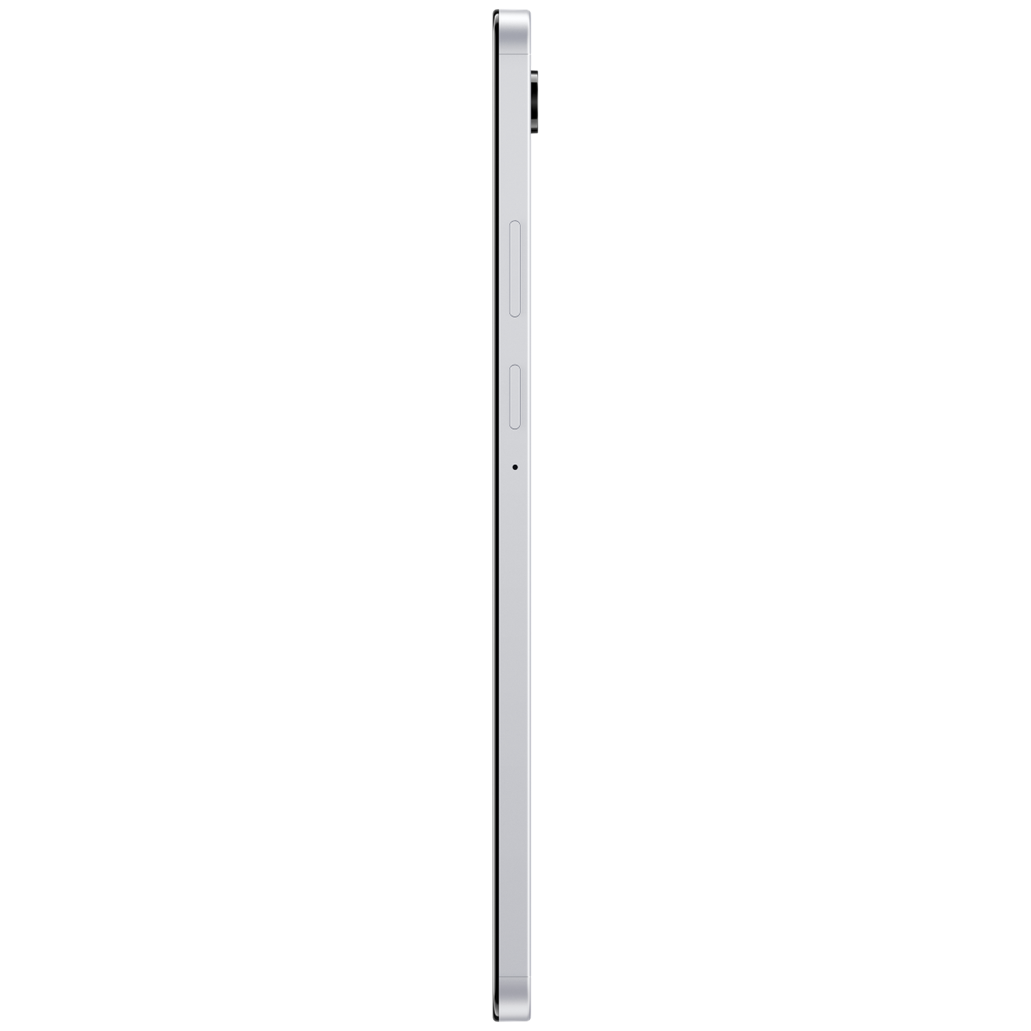 Side view of a silver tablet. It features a camera bump, power and volume buttons. A small dot is visible near the bottom.
