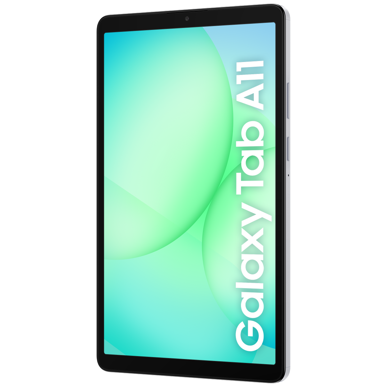 A silver Samsung Galaxy Tab A11 tablet is displayed. The screen shows a gradient of green and blue with the words 'Galaxy Tab A11'.