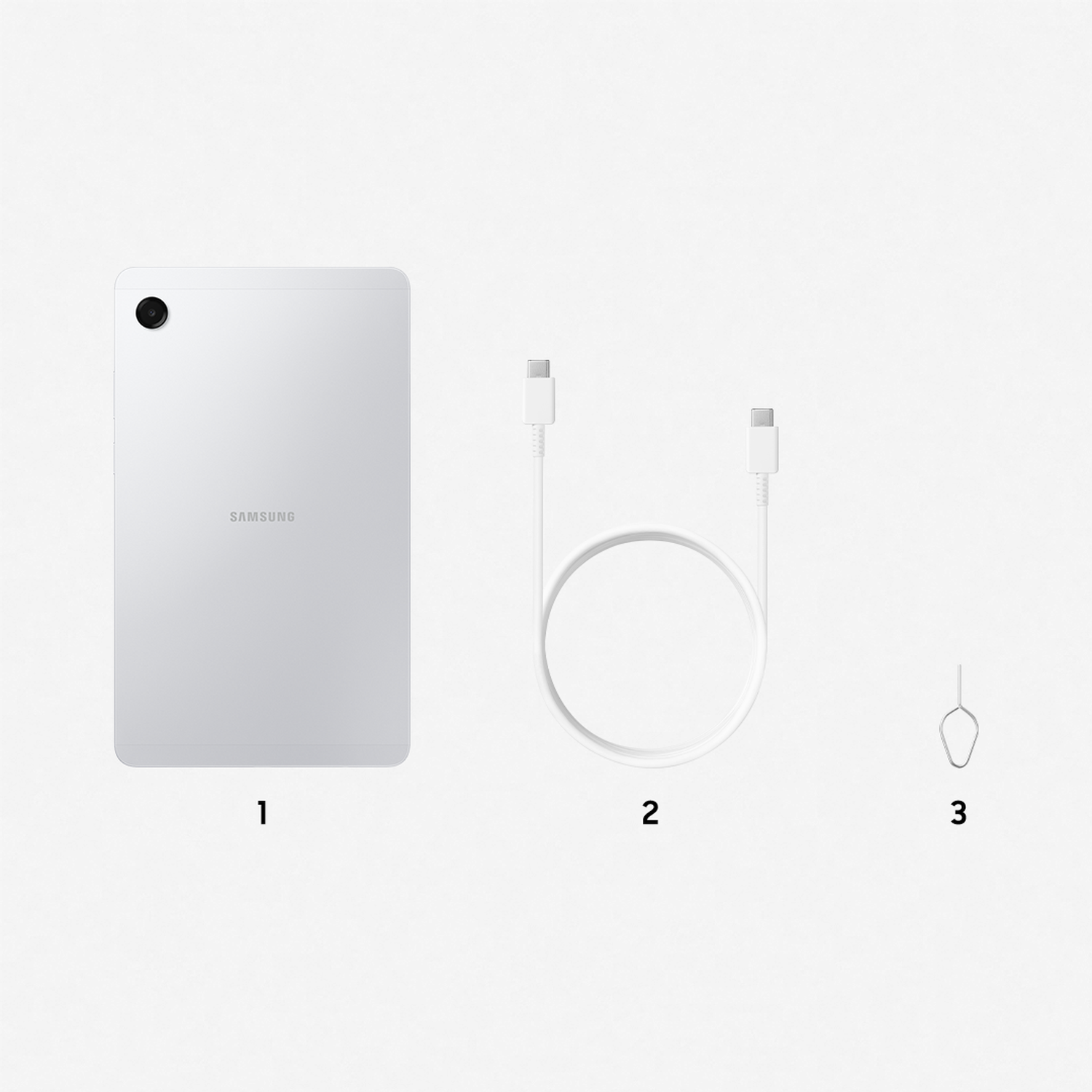 White tablet, cable, and SIM ejector tool on a white background. The tablet has a camera and the brand name 'SAMSUNG'.