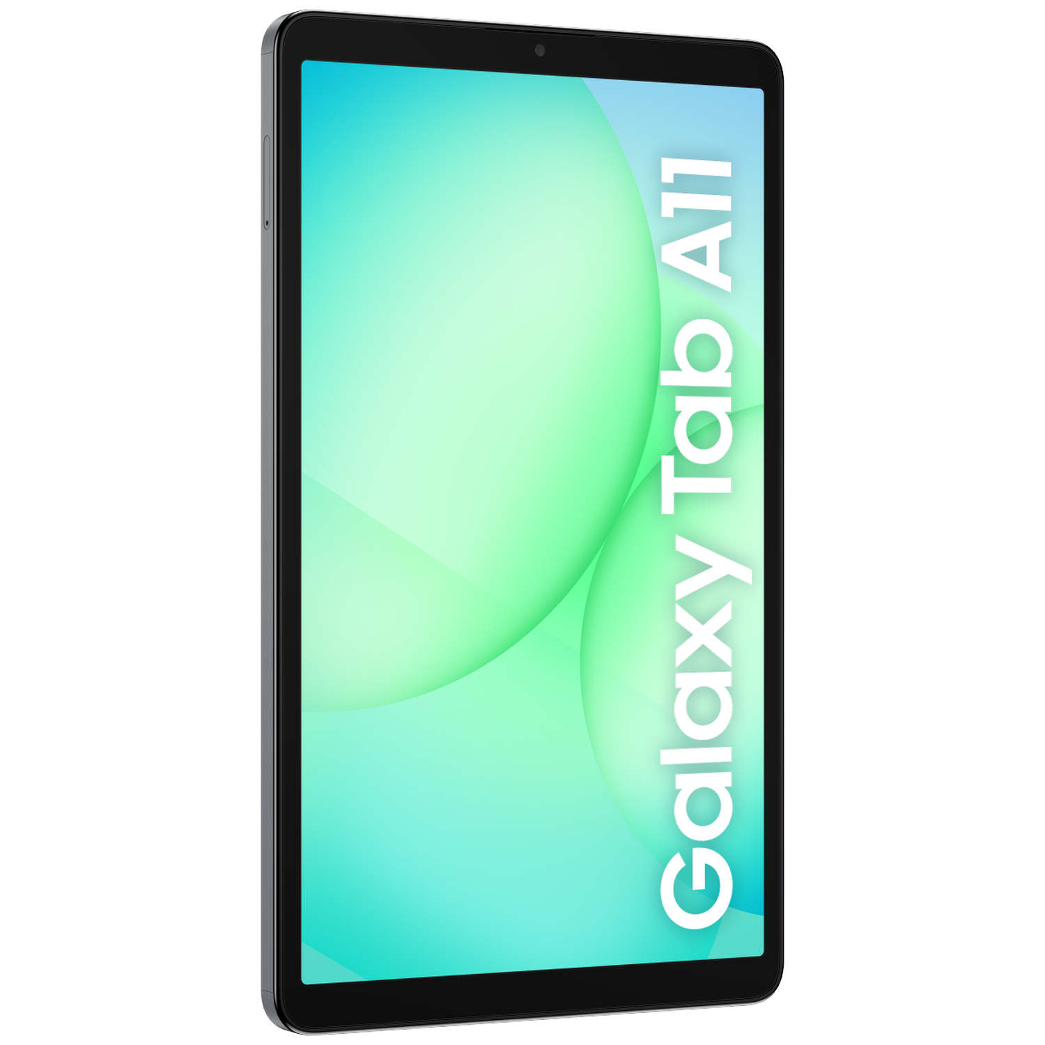 A Samsung Galaxy Tab A11 tablet. The screen displays a gradient of green and blue colors, with the text Galaxy Tab A11.