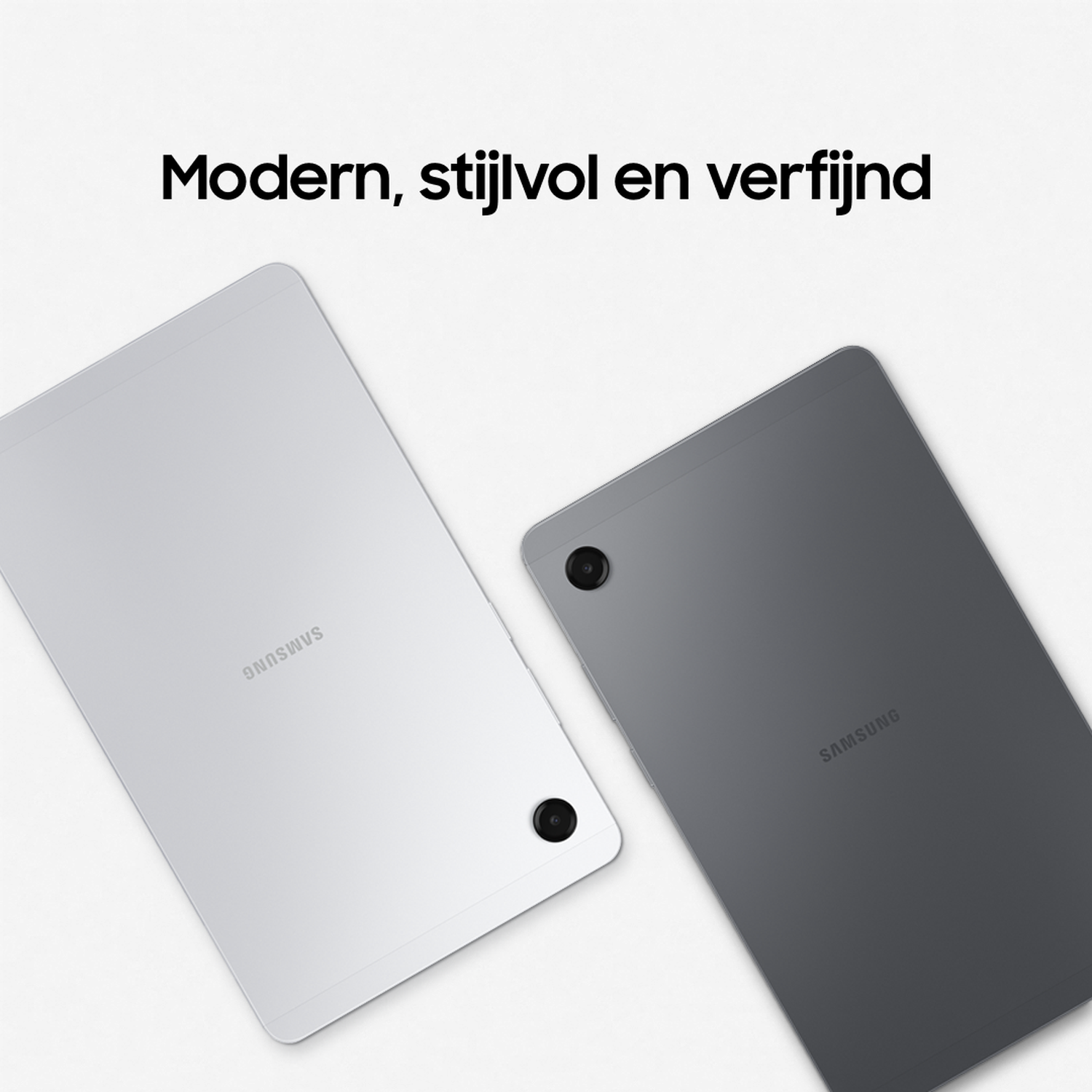 Two tablets, silver and gray, on a white background. Text at the top says 'Modern, stylish and refined'.