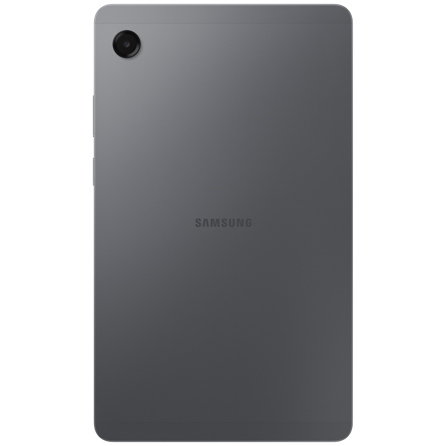 Achteraanzicht van een grijze Samsung-tablet. Een cameralens aan de bovenkant. Samsung-logo in het midden. Volumeknoppen aan de zijkant.