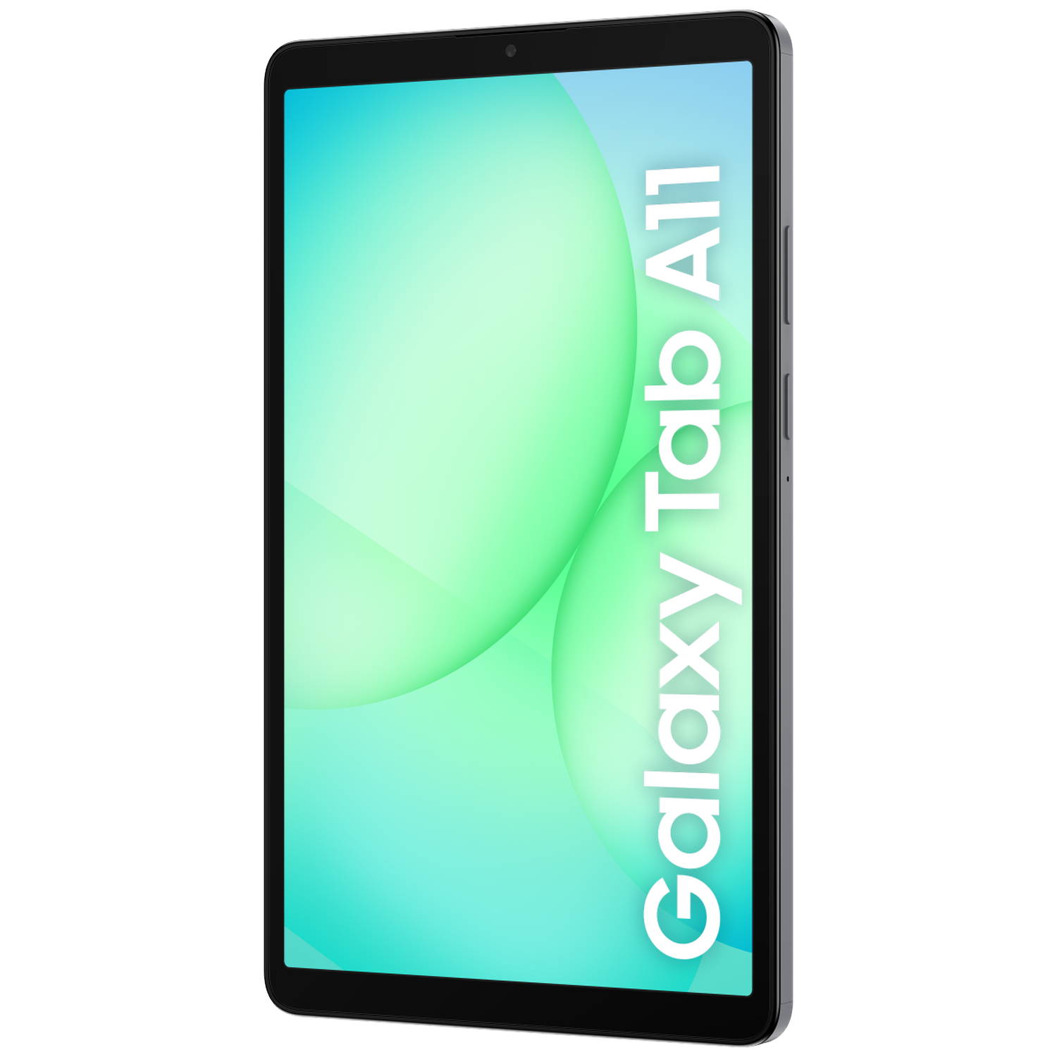 Een Samsung Galaxy Tab A11 tablet. Het scherm toont een groene en blauwe gradiënt met witte tekst. De tablet is zwart met zijknoppen.