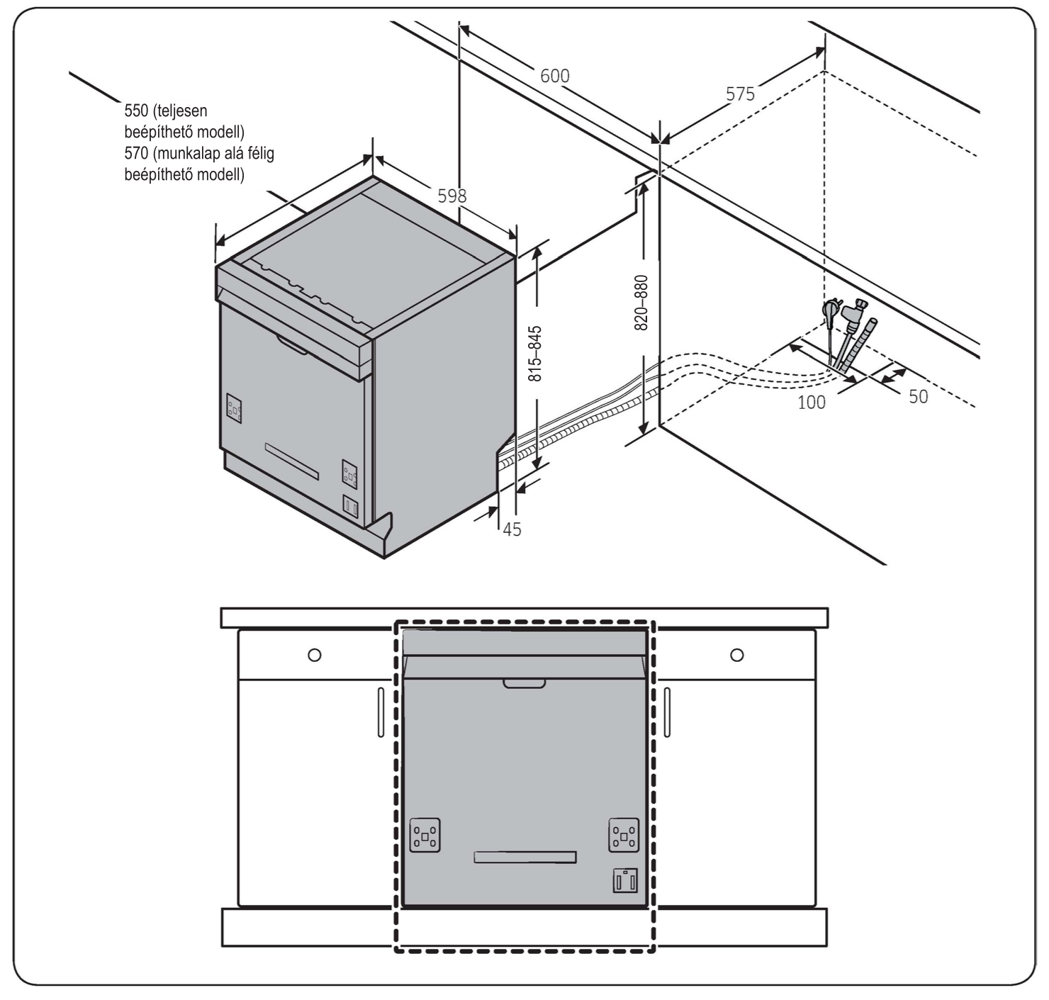 Mosogatógép diagramja méretekkel. A mosogatógép egy konyhaszekrényben van. A méretek jelölve vannak.