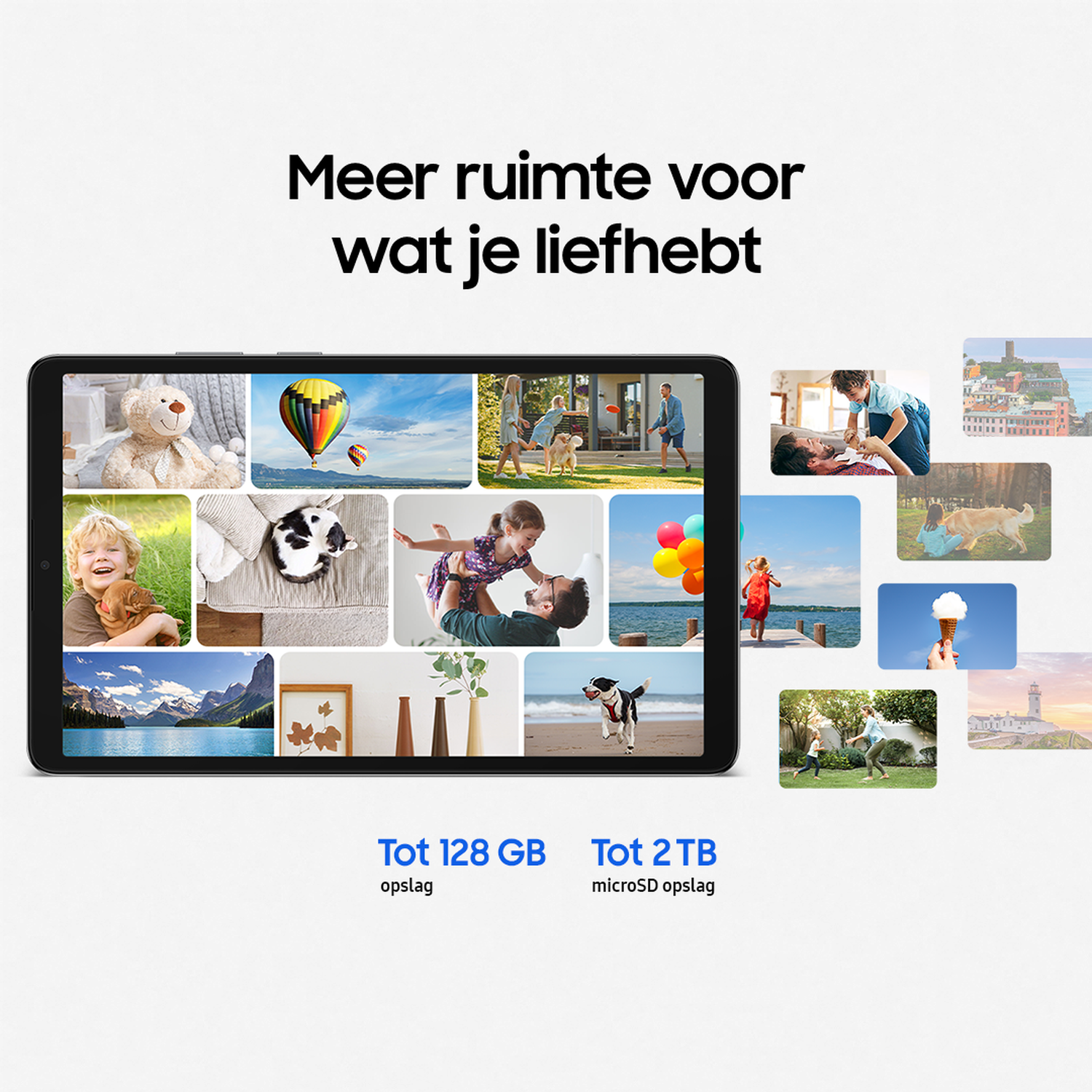 Tablet met afbeeldingen van familie, natuur en activiteiten. De tekst luidt 'Meer ruimte voor wat je liefhebt'. Opslagopties worden vermeld.